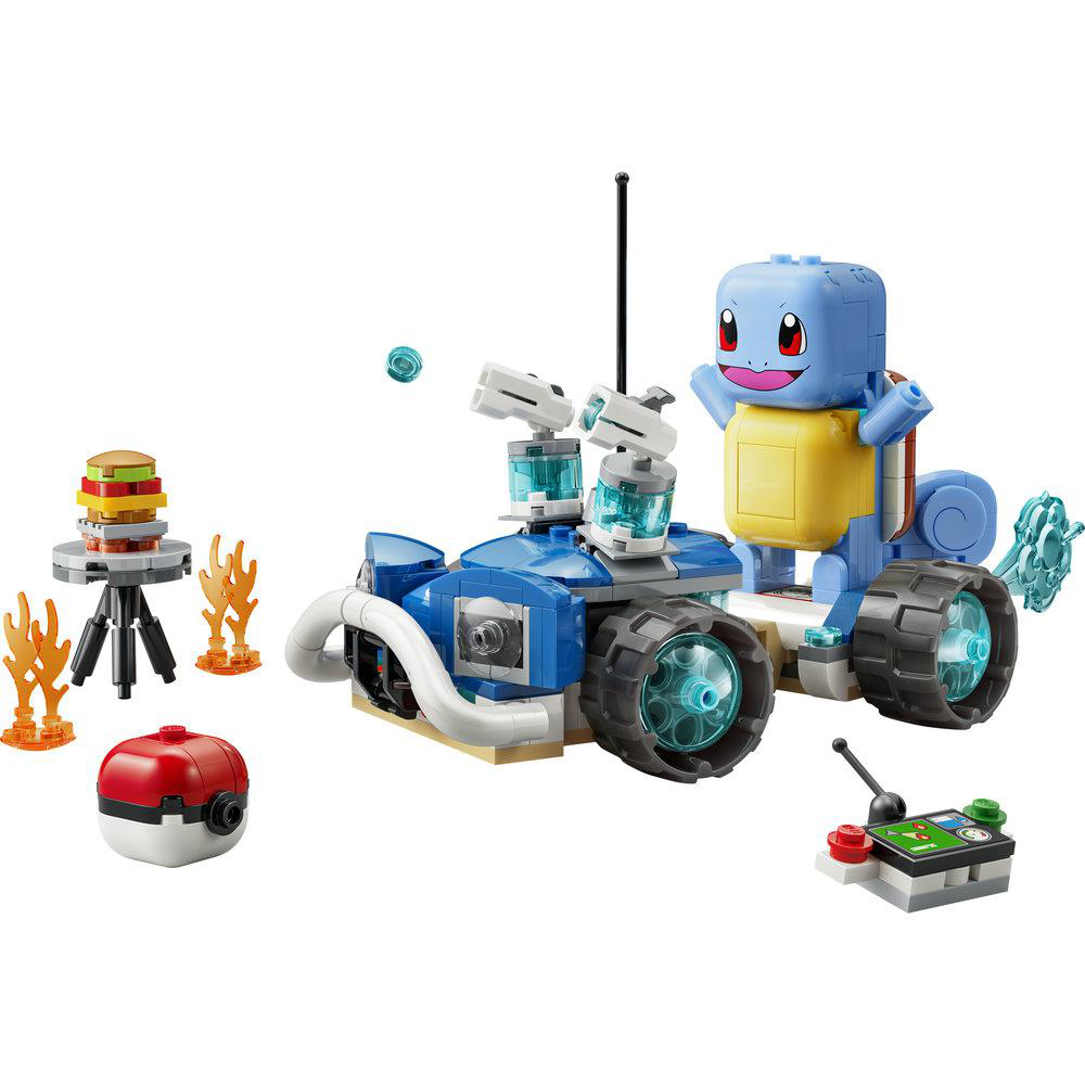 Ein blauer LEGO-Wagen mit Schiggy, einem Pokéball, Burger und Fernbedienung.