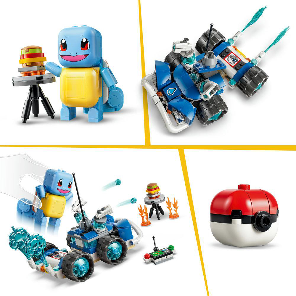 Vier Lego-Sets: Squirtle mit Burger, Rennwagen, Pokeball und ein Set mit allem.