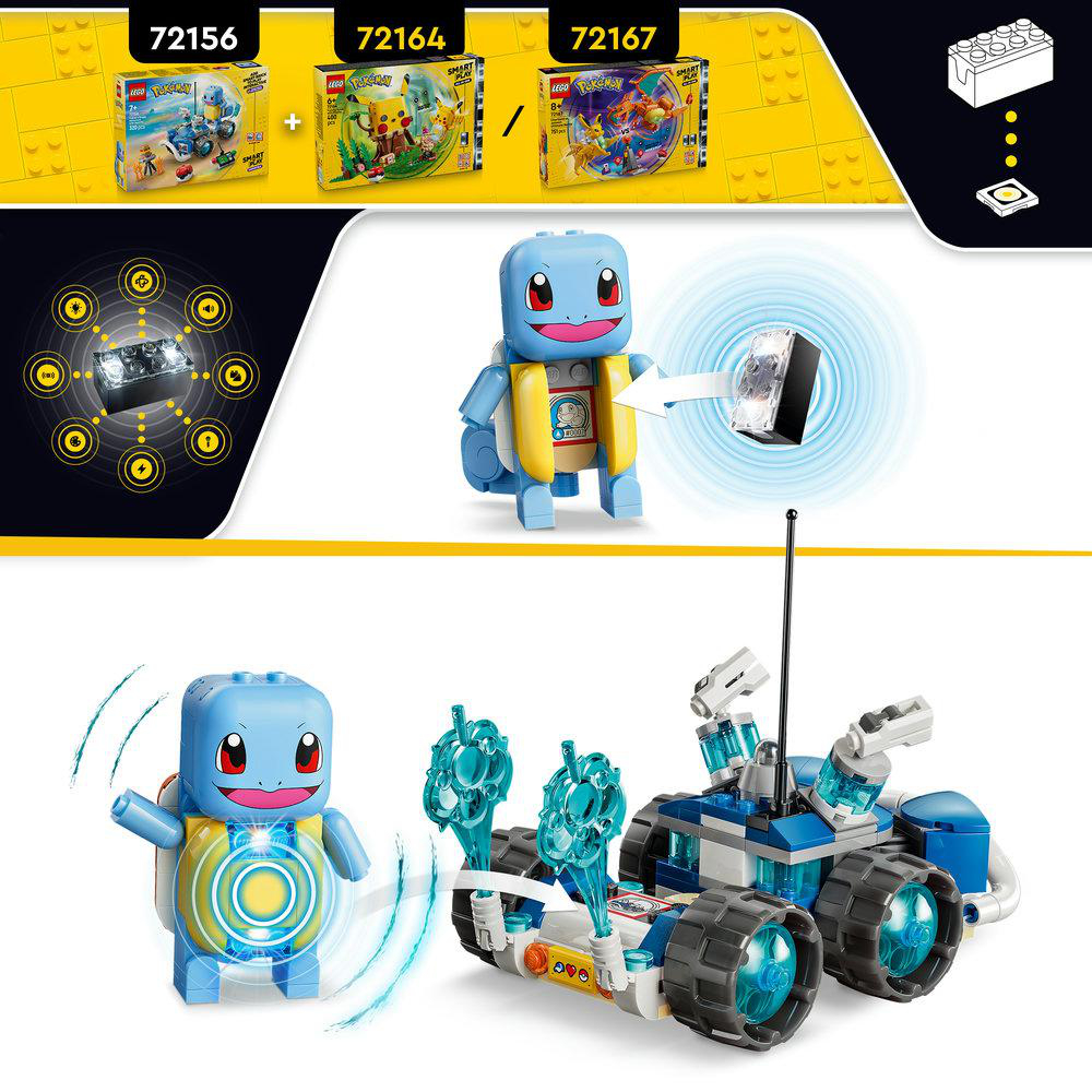 Ein Squirtle-Spielzeug mit einem blauen und gelben Outfit neben einem Spielzeugauto.