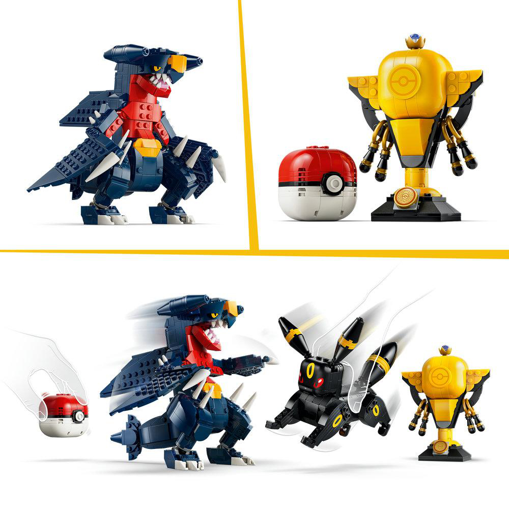 Drei Lego-Pokemon-Modelle: Garchomp, Umbreon und ein Pokeball-Roboter.