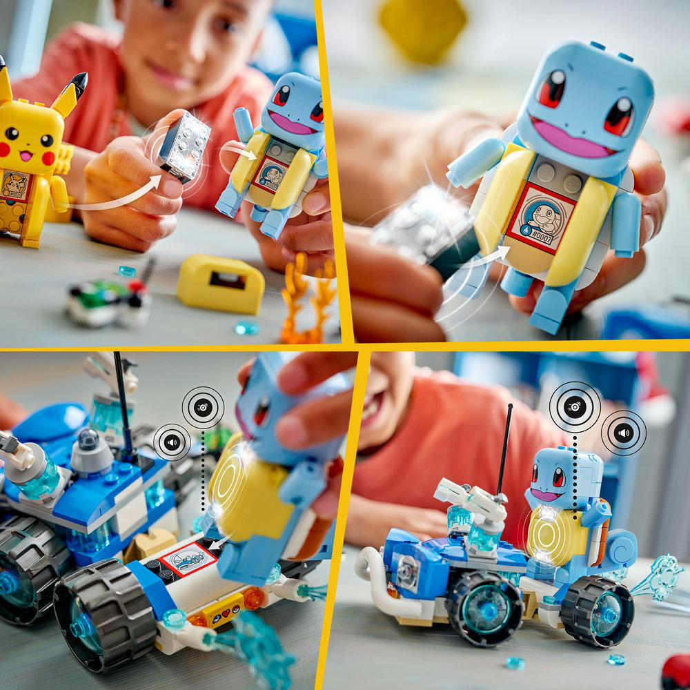 Kinder bauen LEGO Pokémon mit Pikachu und Squirtle und fahren ein blaues Fahrzeug.
