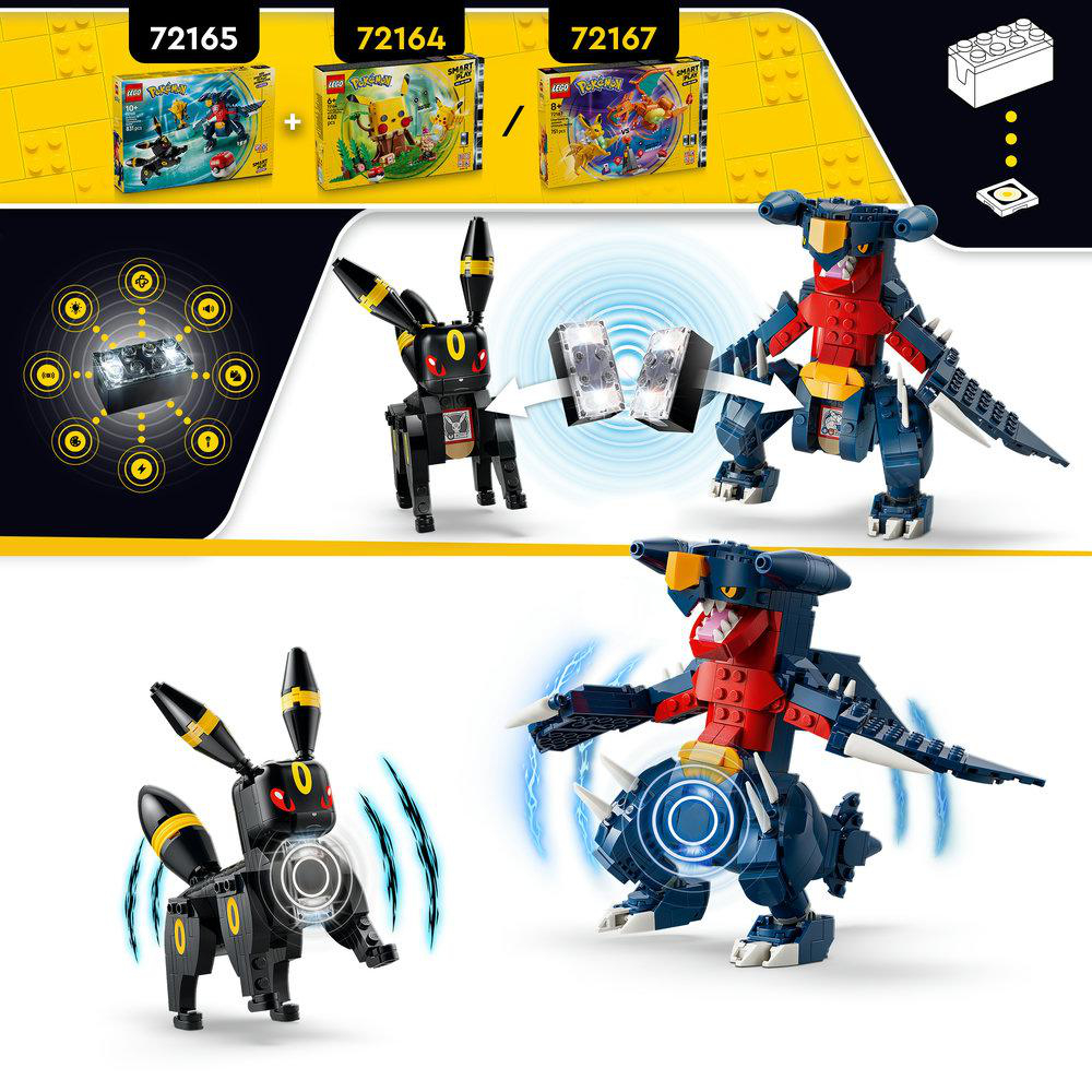 Lego Pokémon-Modelle von Umbreon und Garchomp mit interaktiven Lichtsteinen.