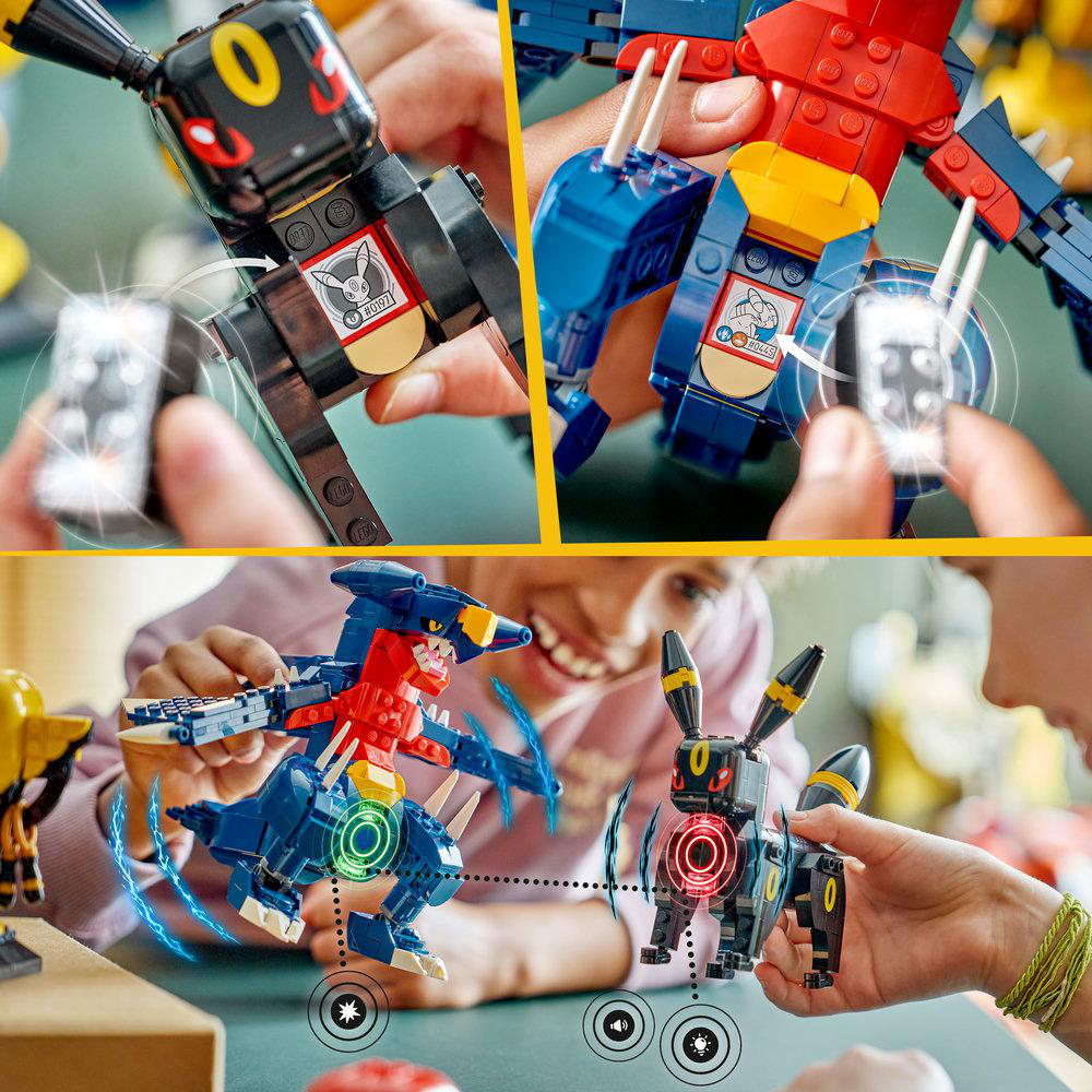 Drei Szenen von LEGO Pokemon: Nahaufnahmen von gehaltenen Figuren und zwei Kinder spielen damit.