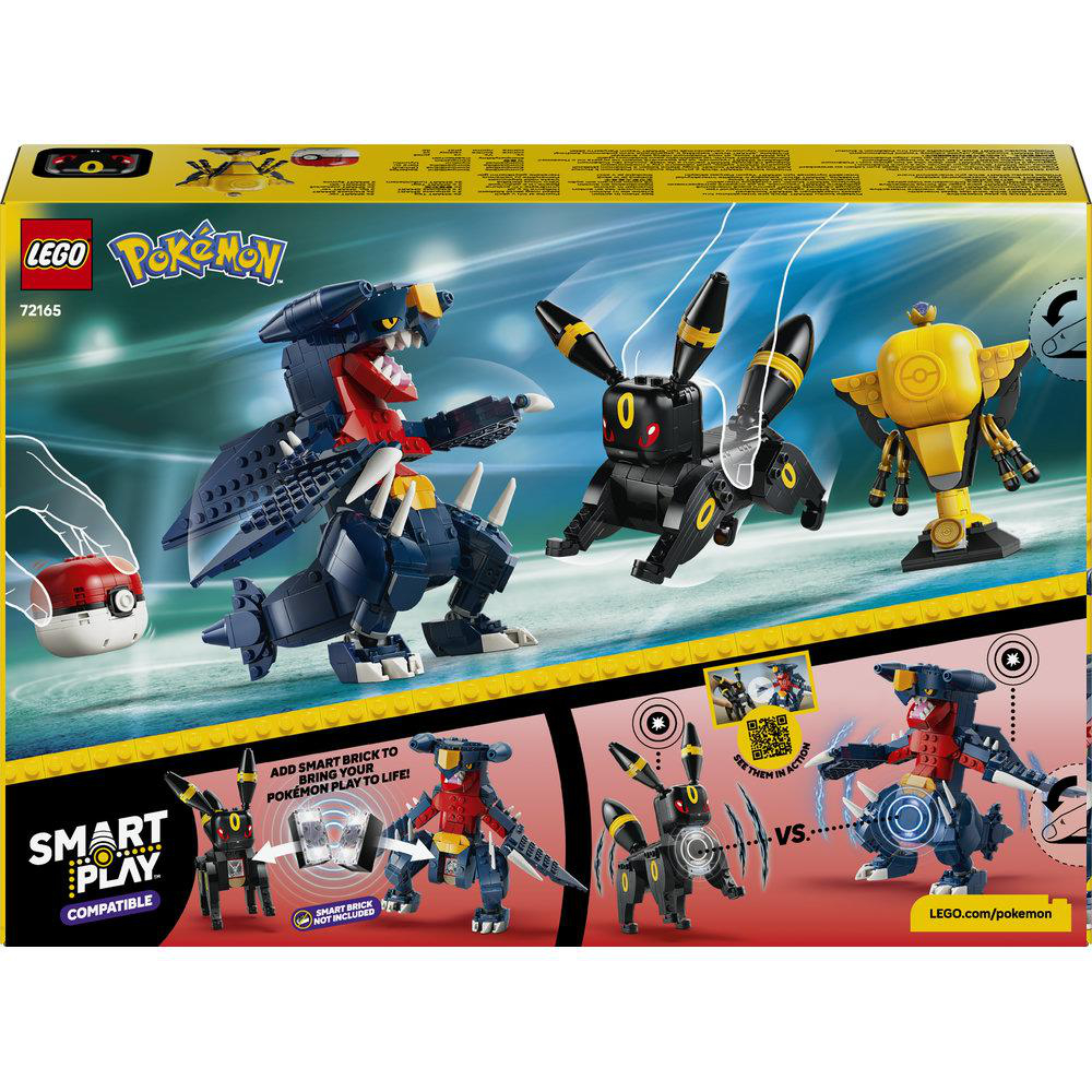 LEGO Pokémon Set mit drei baubaren Pokémon-Figuren: Garchomp, Umbreon und Blastoise.