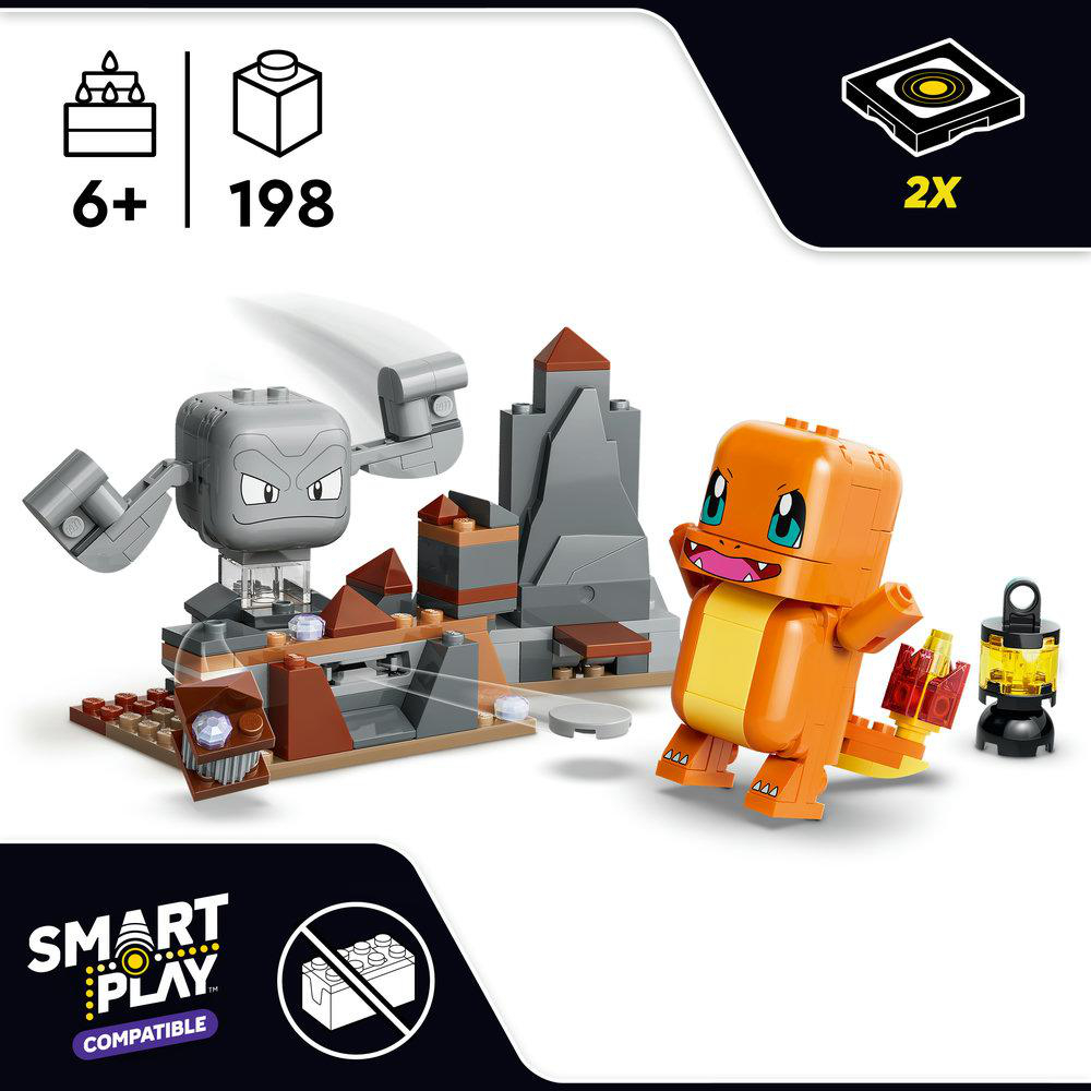 Ein Lego-Set mit einem orangefarbenen Glumanda, einem grauen Felsenwesen und einer felsigen Landschaft, mit Alters- und Stückzahl-Symbolen.