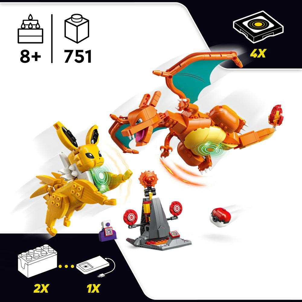 LEGO-Modelle von Pikachu und Glurak mit Zubehörteilen.