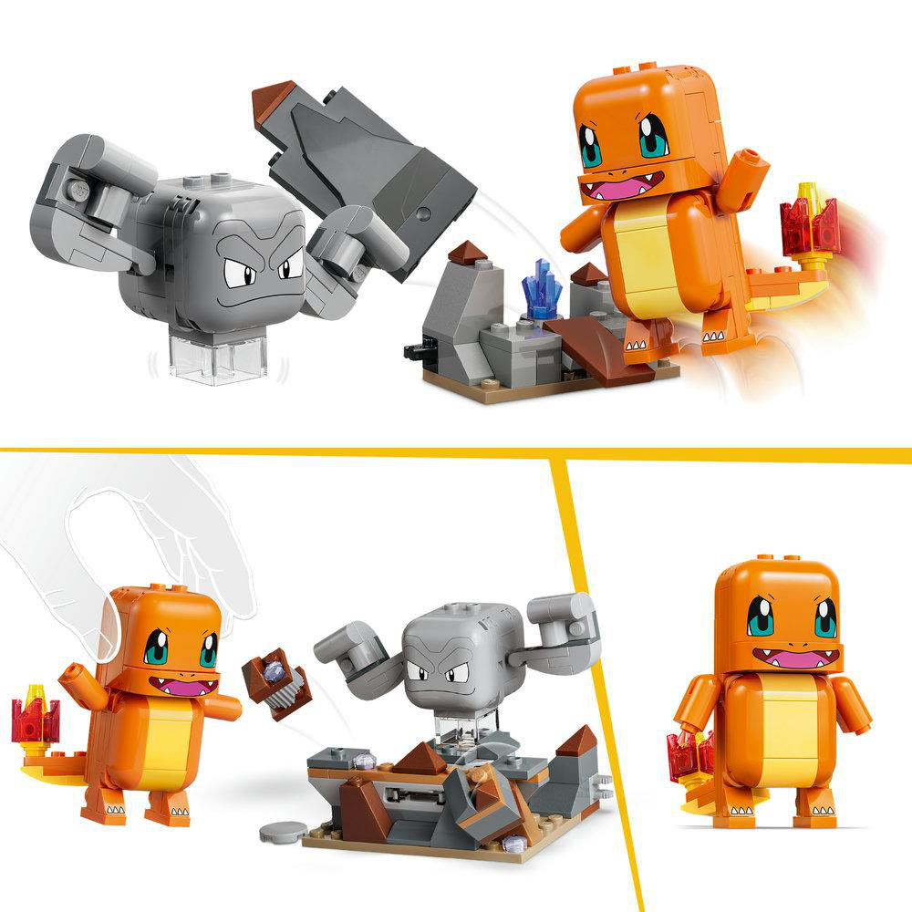 LEGO Charmander und Geodude Spielzeug-Set mit Felsen und blauen Kristallen.