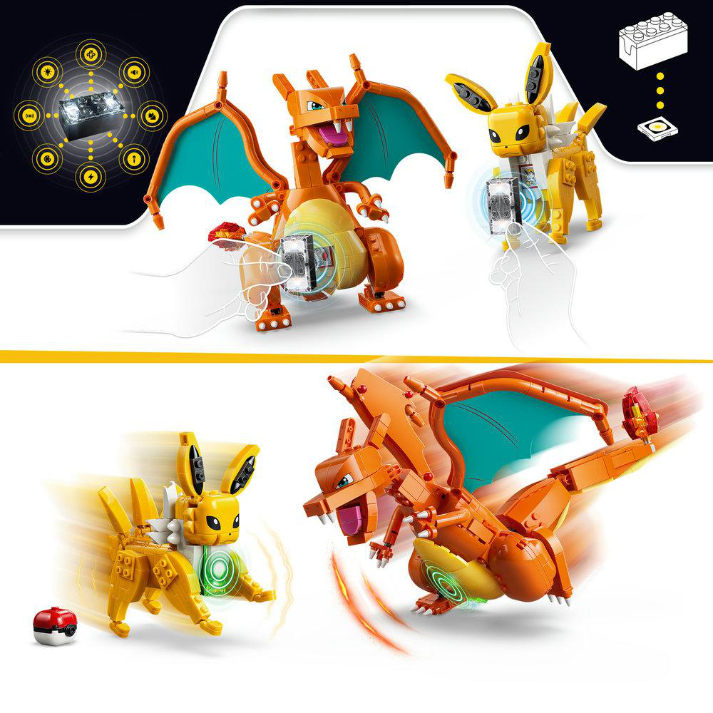 LEGO Pokemon Charizard und Evoli. Evoli bewegt sich schnell, Charizard fliegt.