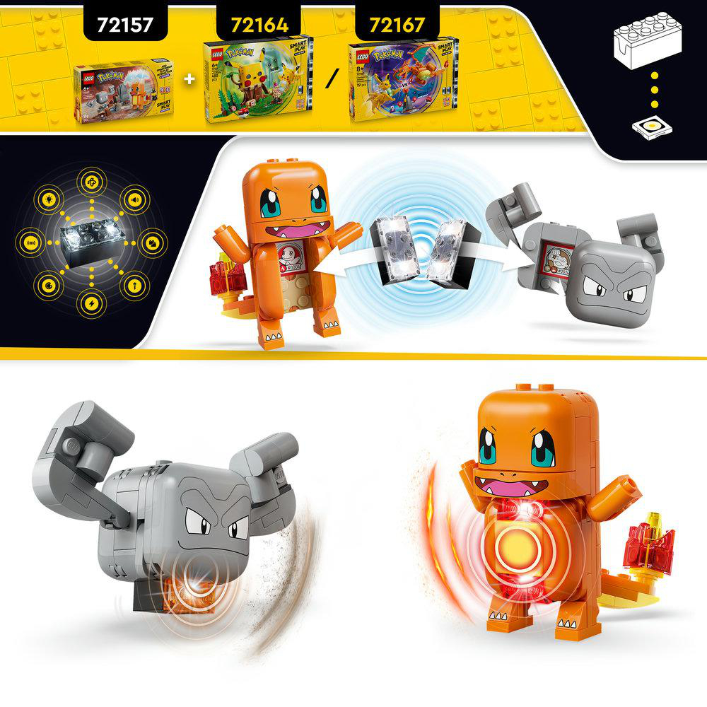 LEGO-Modelle von Charmander und Geodude mit Boxen und Lichteffekten.
