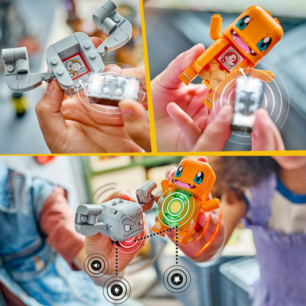 Hände bauen LEGO Pokemon Figuren: Glumanda und Kleinstein. Interaktive Elemente gezeigt.