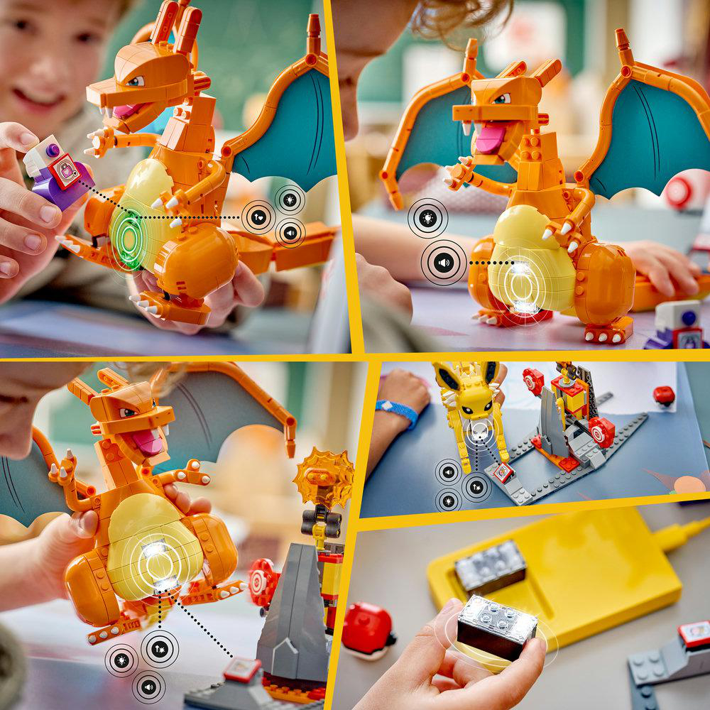 Vier Collagenbilder von einem Lego-Charakter mit Flügeln und einem gelben Pokémon.