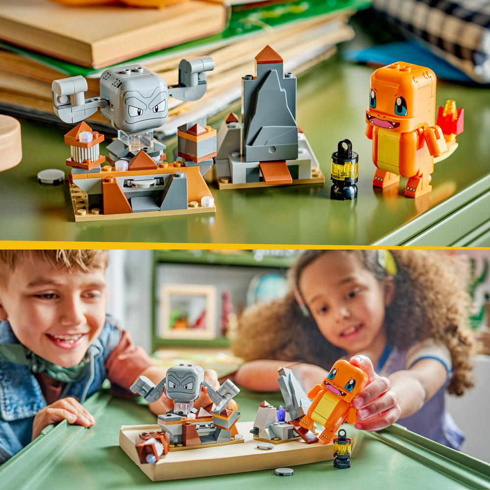 Lego-Figuren von Geodude und Glumanda vor und mit Kindern.