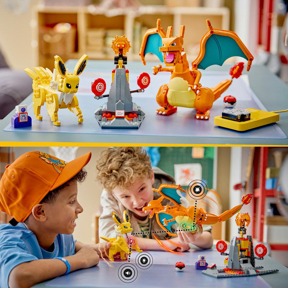 LEGO Pokémon: Evoli und Glurak Bausätze auf einem Tisch, Kinder spielen damit.