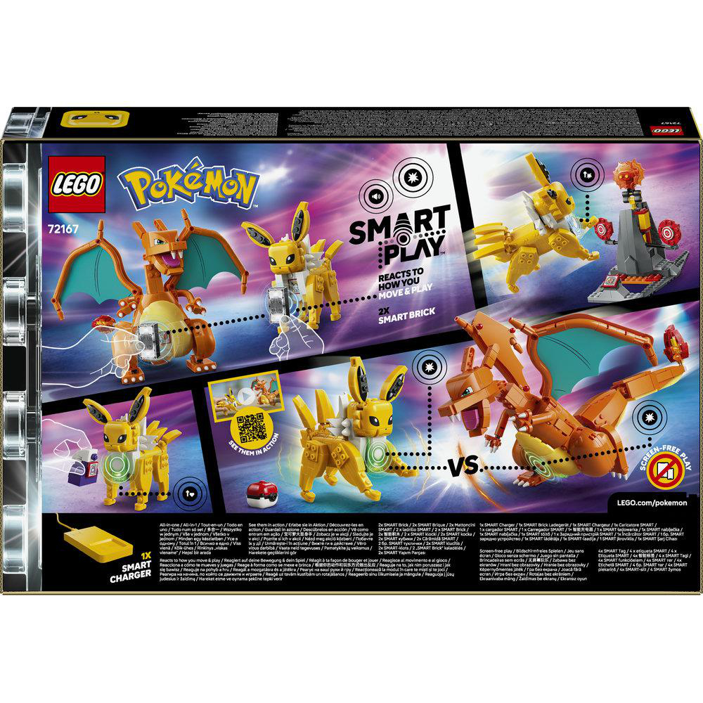 LEGO Pokémon Box mit Charizard, Eevee, Smart Brick Figuren und Zubehör.