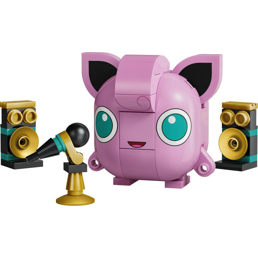 Ein rosa Lego-Pokémon mit Mikrofon und zwei Lautsprechern.