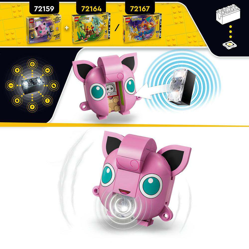 Ein rosafarbener Jigglypuff-Charakter mit blauen Augen und Ohren, der auf einem weißen Hintergrund sitzt.
