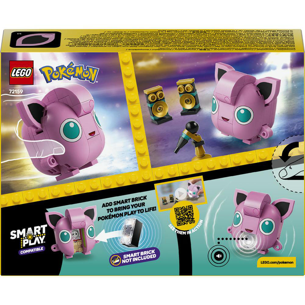 Eine Lego-Box für eine pinkfarbene Jigglypuff-Pokémon-Figur, die interaktive Funktionen mit einem Smart Brick zeigt.