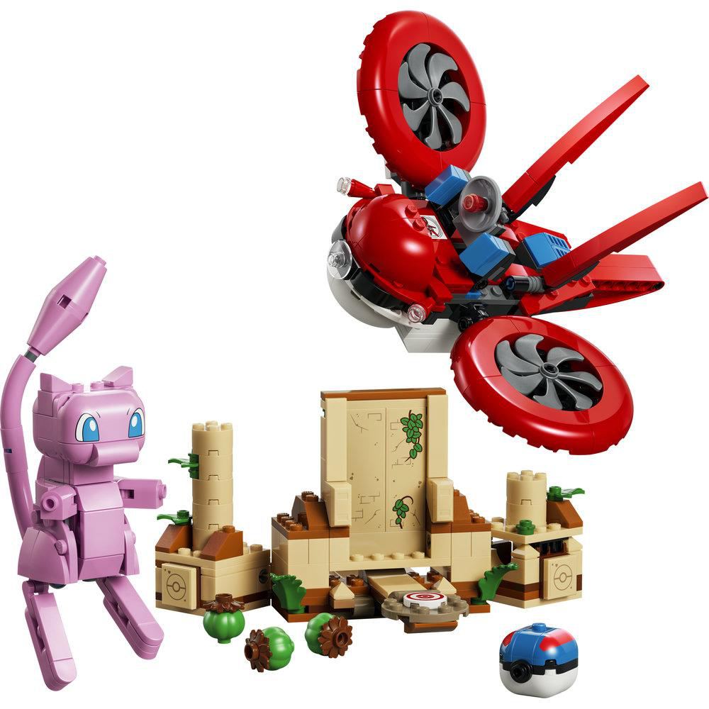 Ein pinker Mew-Charakter steht neben einer Lego-Ruine mit grünen Ranken und einem roten Fluggerät.