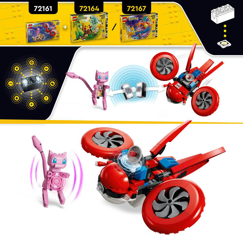 LEGO Pokémon-Sets mit Mew und einem roten Fluggerät. Oben sind drei Boxen gezeigt.