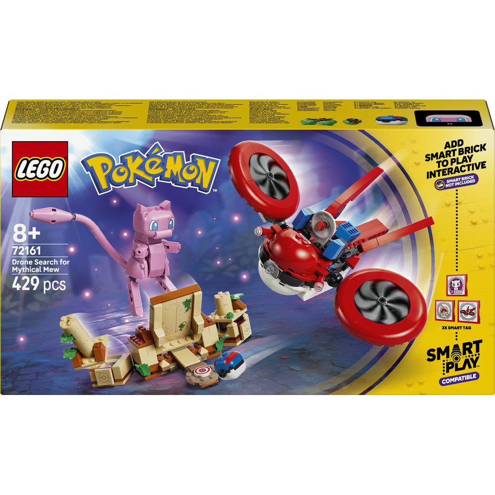 Lego Pokémon Set mit pinkem Mew, Drohne, Ruinen und Smart Play Kompatibilität.