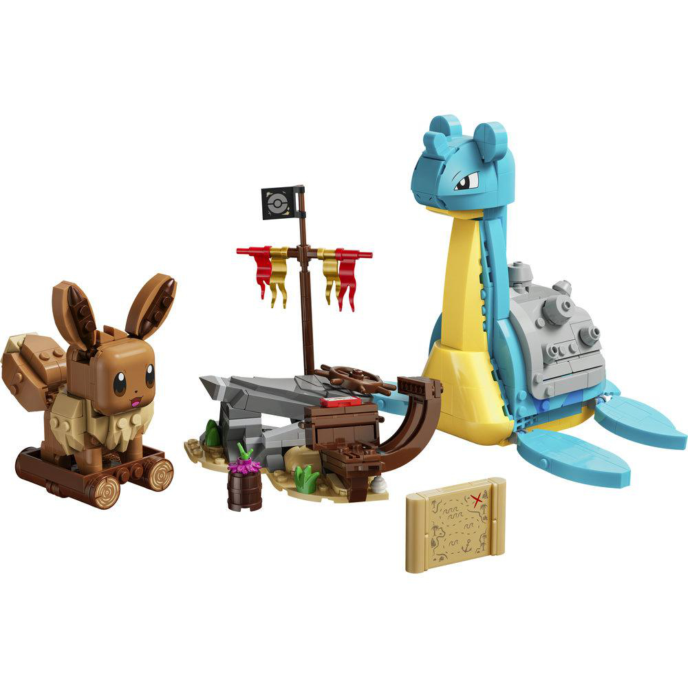 Eevee und Lapras LEGO Modelle mit Piratenschiff-Szene, Flagge, Fass und Schatzkarte.