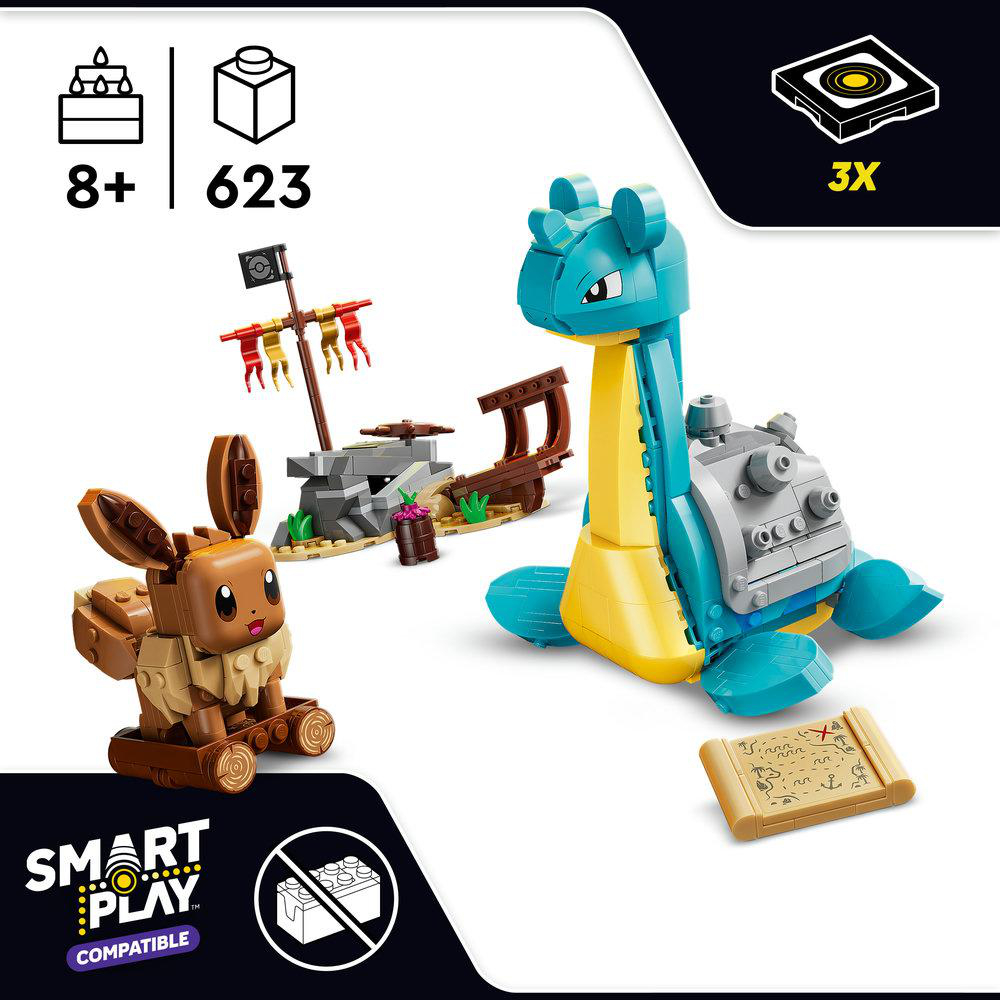 Lego Evoli und Lapras Modelle mit Insel, Flagge und Schatzkarte.