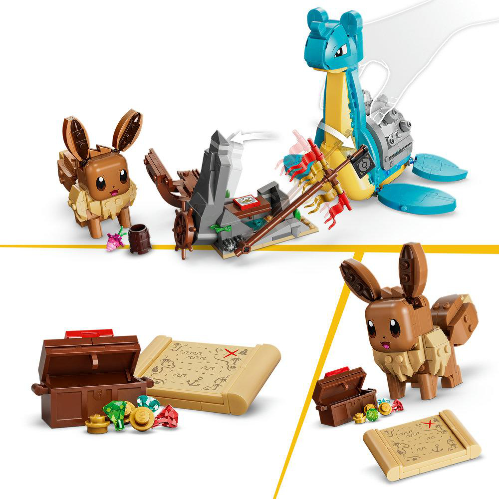 Ein Lego-Set mit Evoli, Lapras, einem Schatz und einer Schatzkarte.
