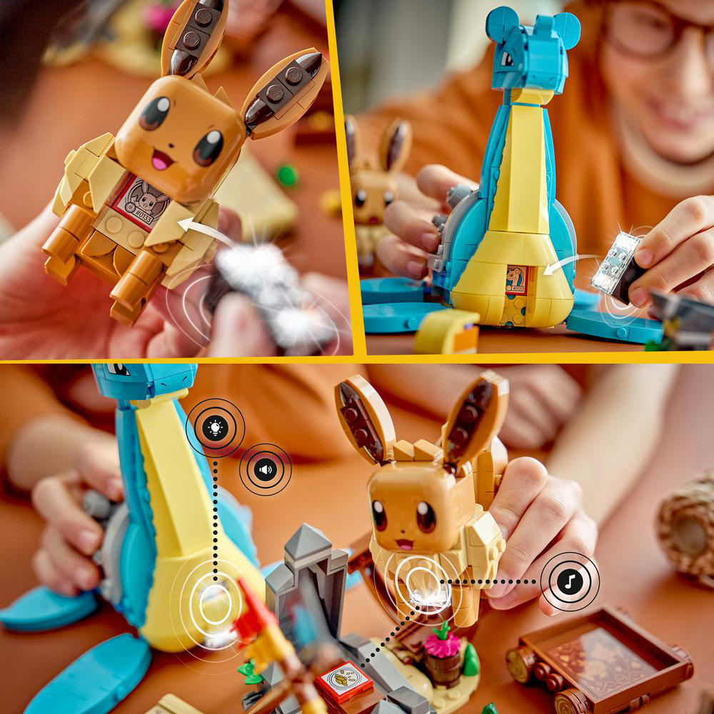 LEGO Pokémon Evoli und Lapras Modelle mit Licht- und Soundeffekten.