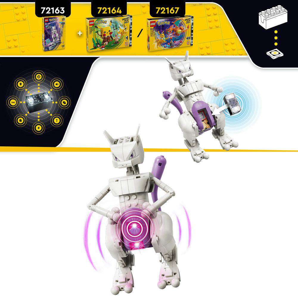 Zwei weiße Mewtwo-Figuren aus Lego, eine mit lila Akzenten, leuchten.