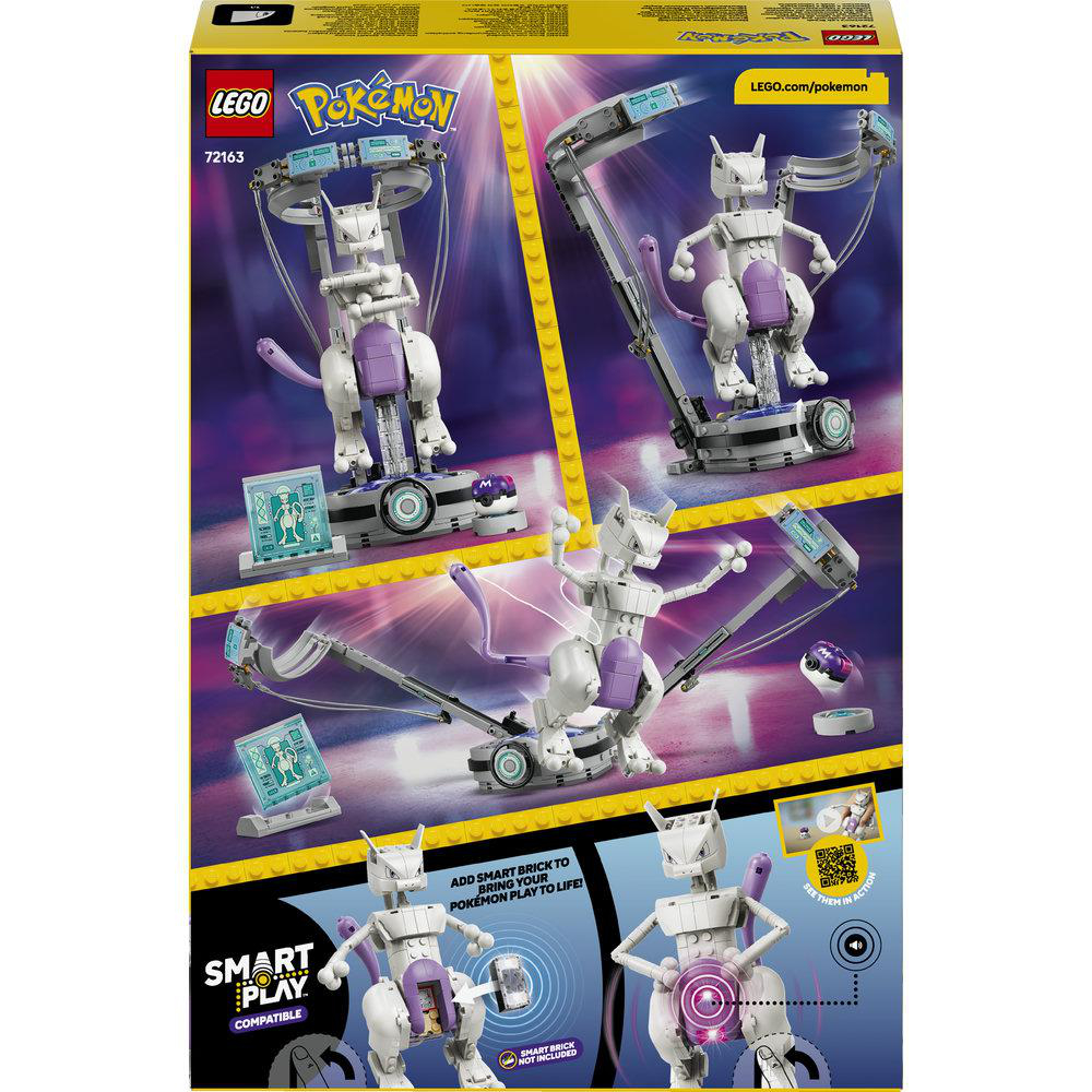 LEGO Pokémon Set mit Mewtwo-Modellen in verschiedenen Posen und Smart-Play-Kompatibilität.