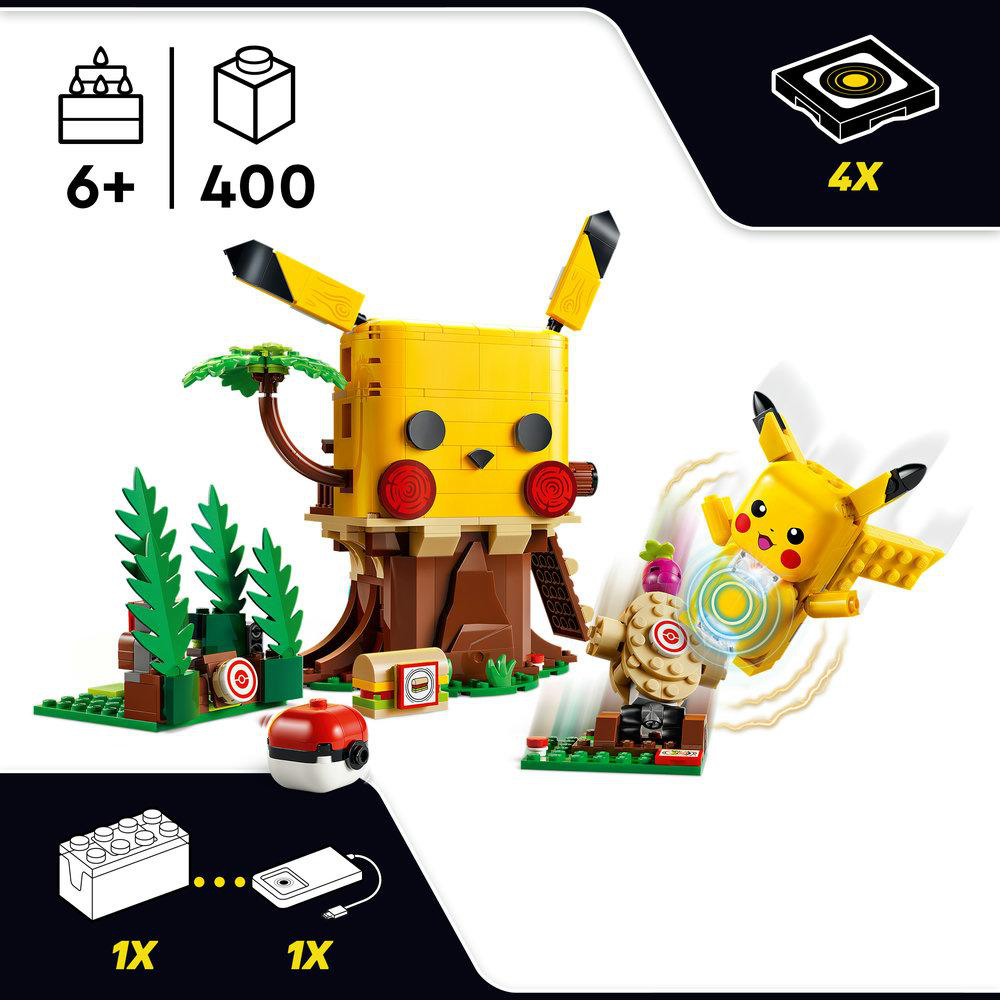 LEGO Pikachu-Set mit Baumhaus, Pokeball und beweglichem Pikachu.