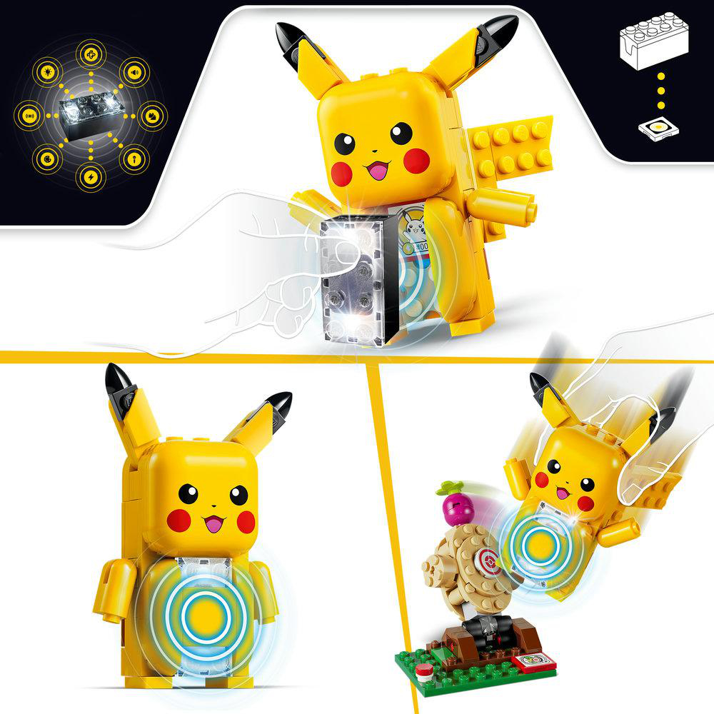 LEGO Pikachu mit leuchtendem Stein und interaktiven Elementen.