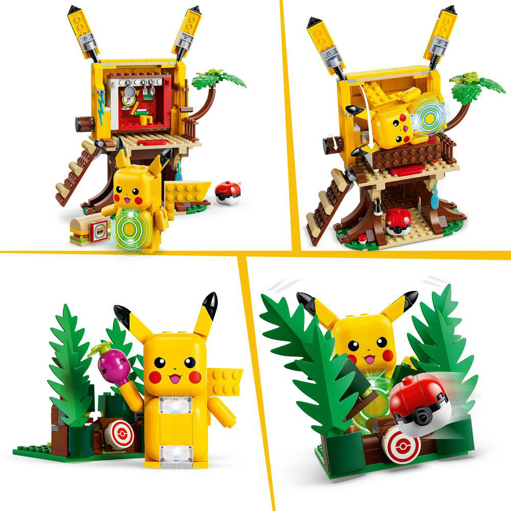 Pikachu-Spielzeug mit Baumhaus und Zubehör. Gelber Pikachu-Charakter hält eine Beere.