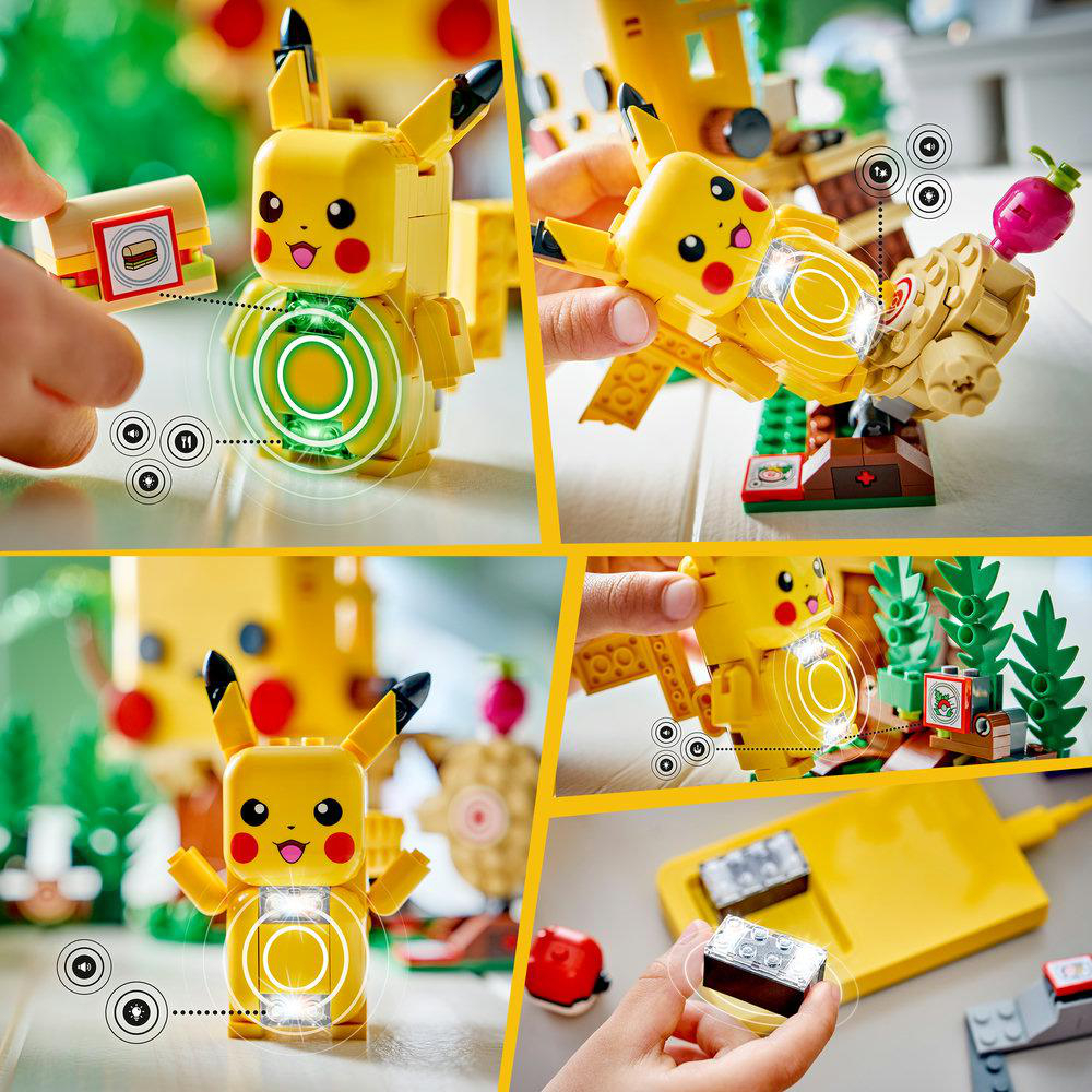 Lego Pikachu mit leuchtenden Kreisen und Bauanleitungen.