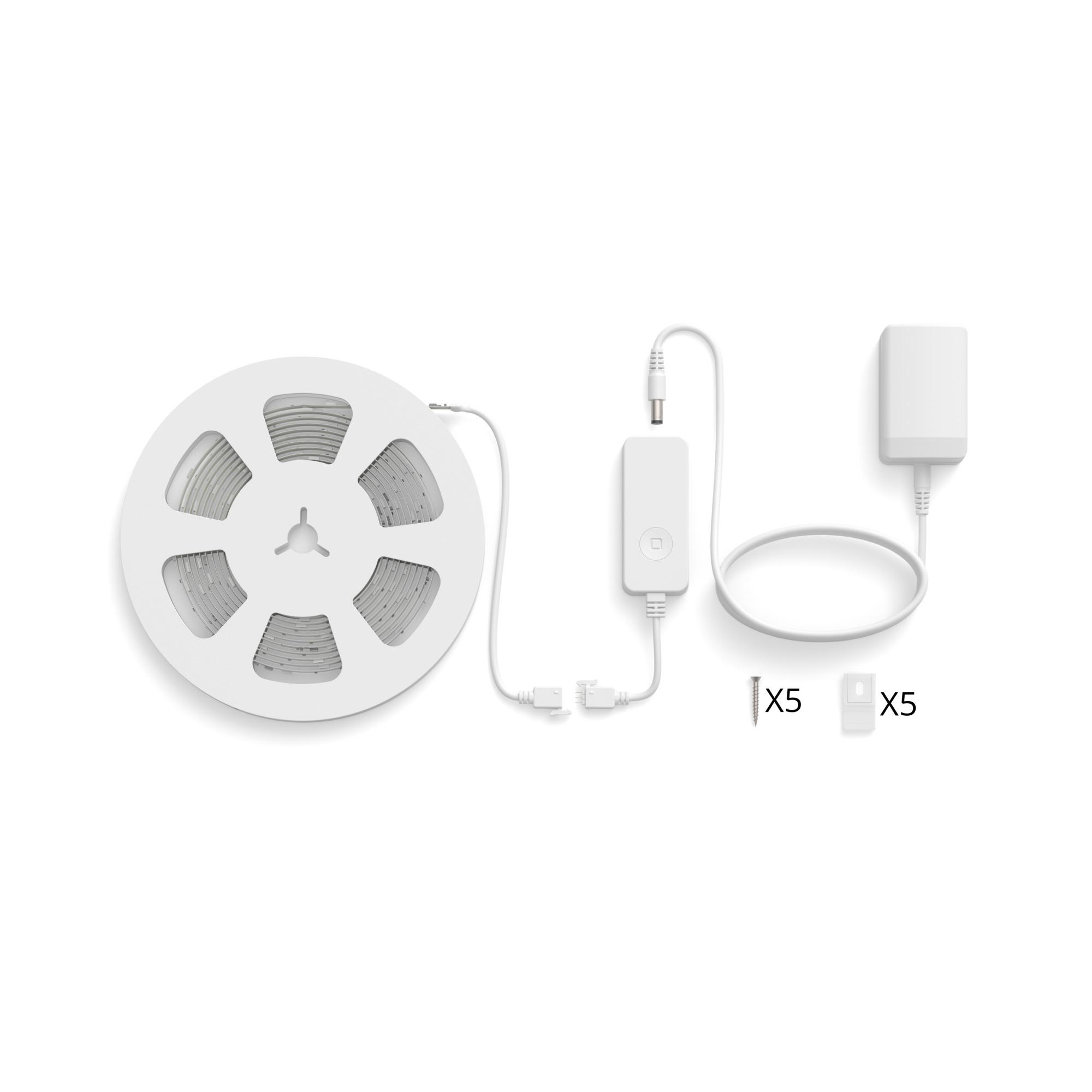 Ein weißes LED-Streifen auf einer Spule mit Netzteil, Steuerung und Clips.
