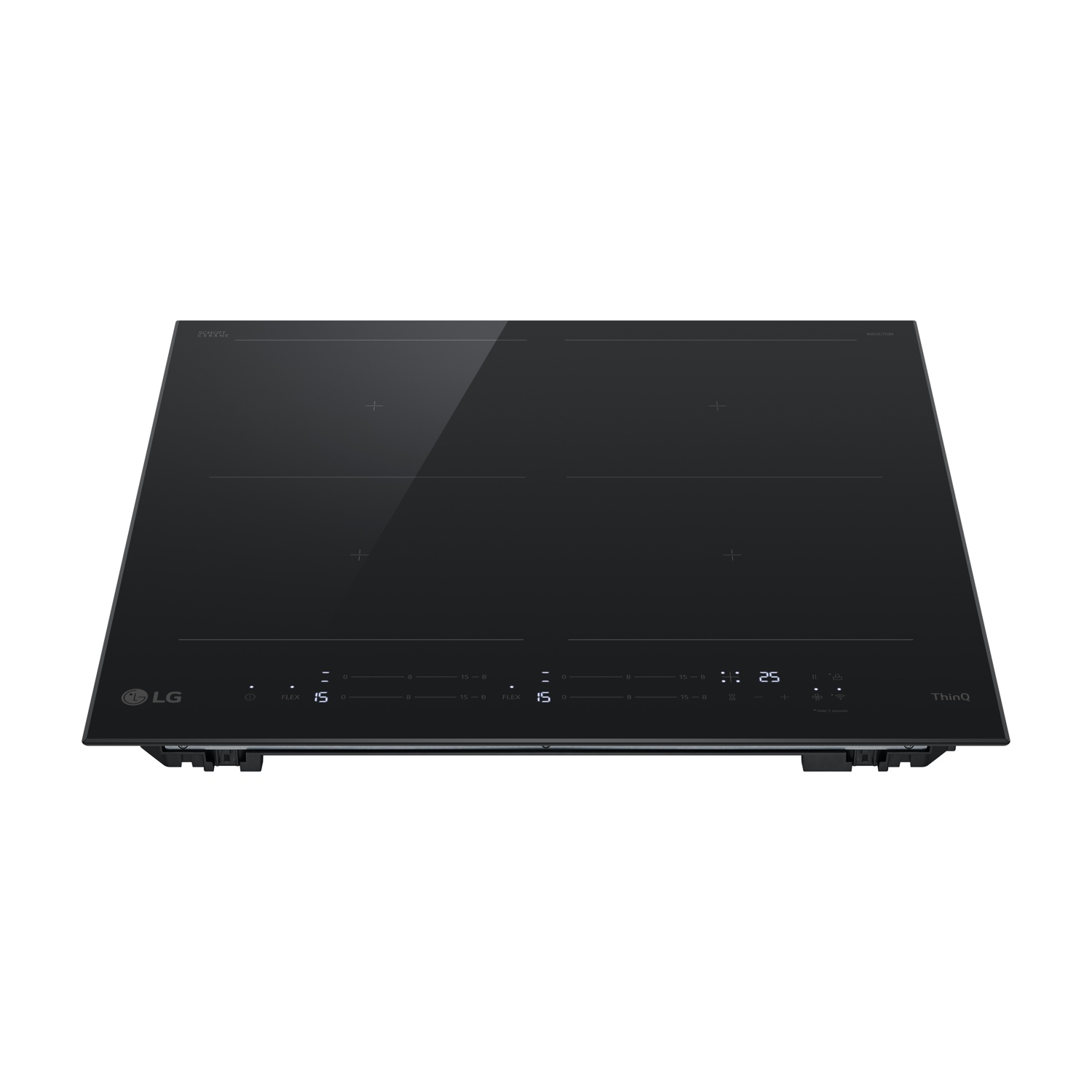 Piano cottura a induzione nero con logo LG e controlli touch.