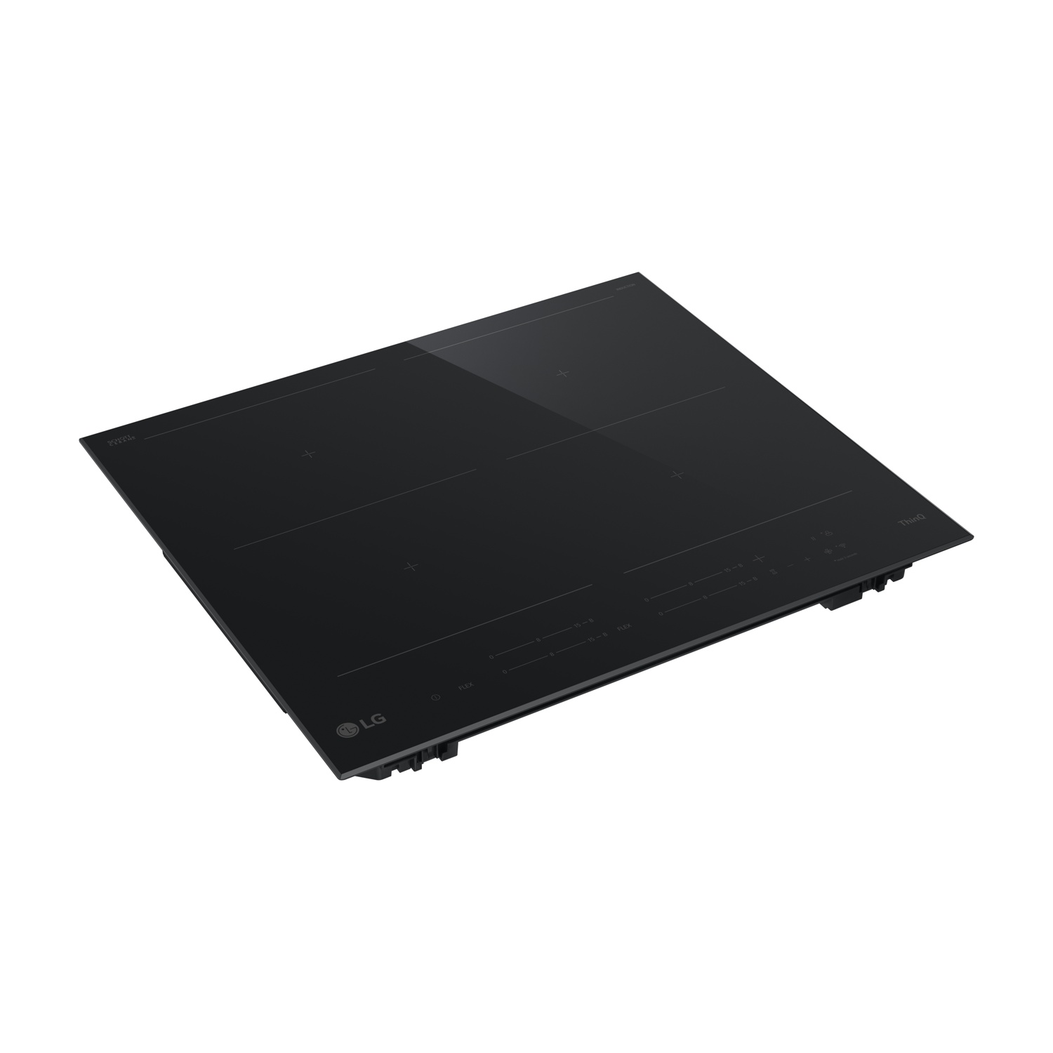 Piano cottura a induzione nero con quattro fuochi e controlli touch. Logo LG e ThinQ visibili.