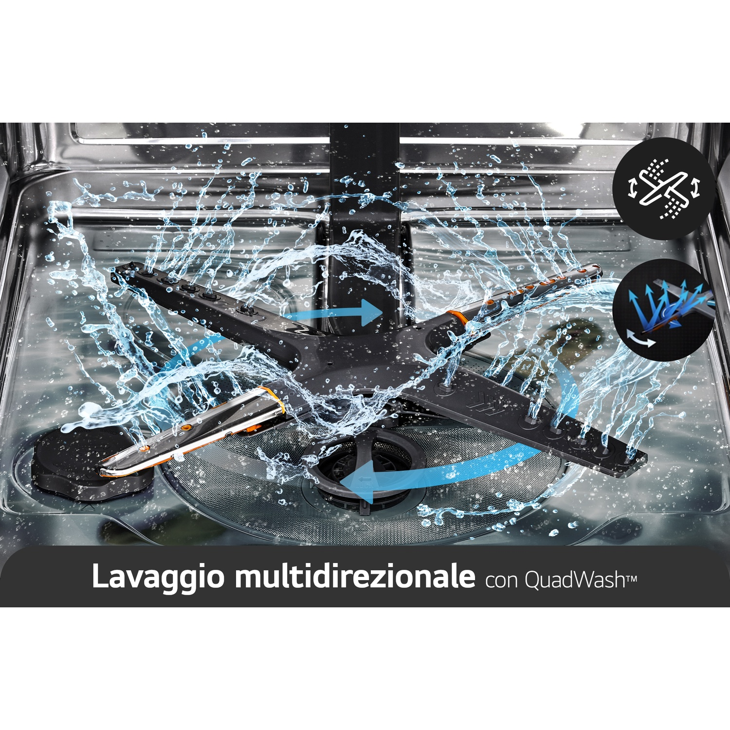 Un braccio irroratore spruzza acqua in una lavastoviglie. Tecnologia QuadWash™.