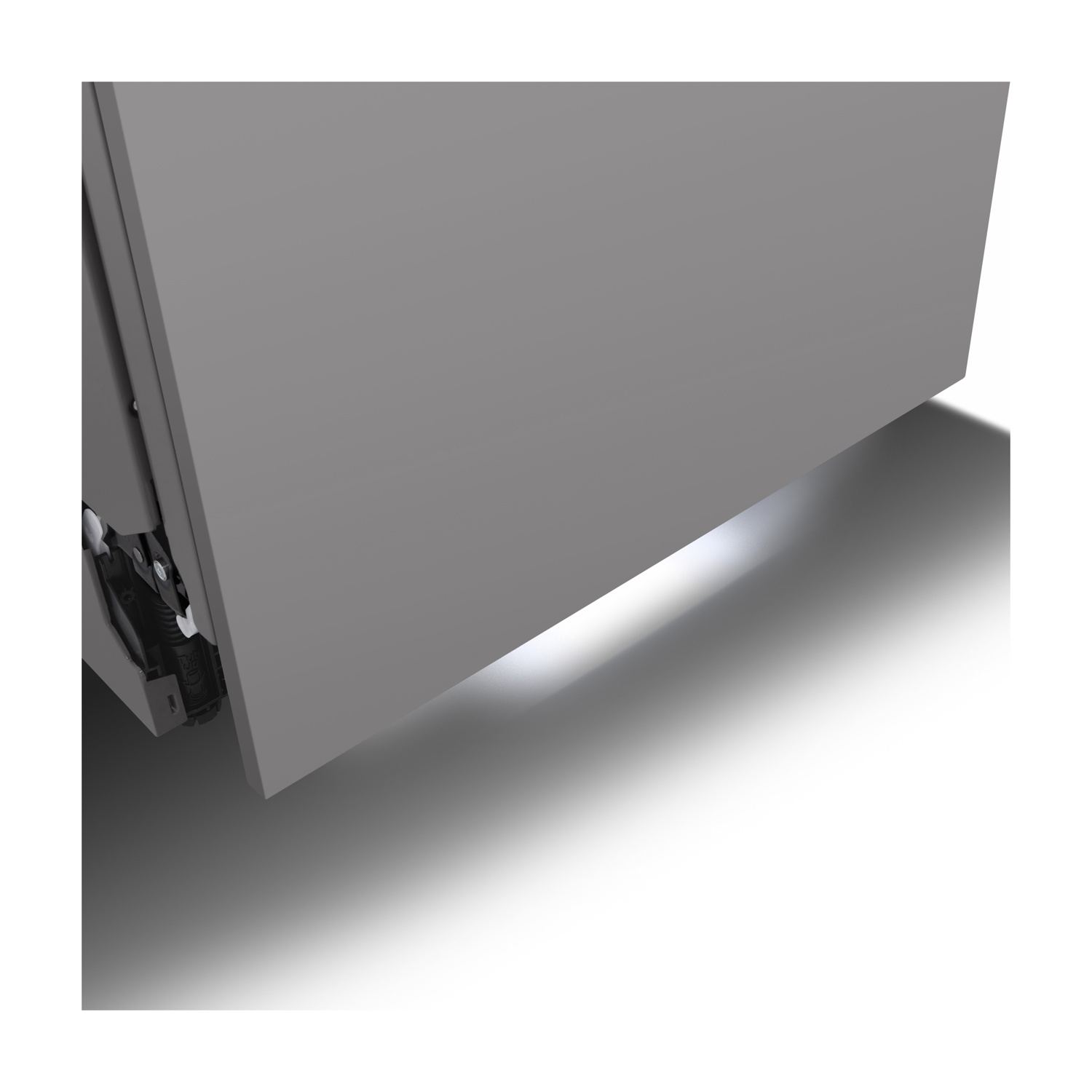 Mobile grigio con cassetto aperto e luce sottostante.