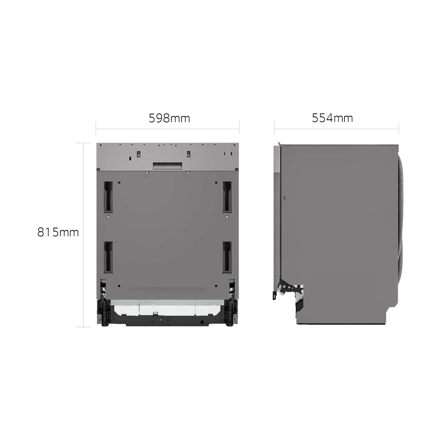 Unità lavastoviglie grigia: vista frontale con dimensioni 598mm x 815mm e vista laterale con 554mm.