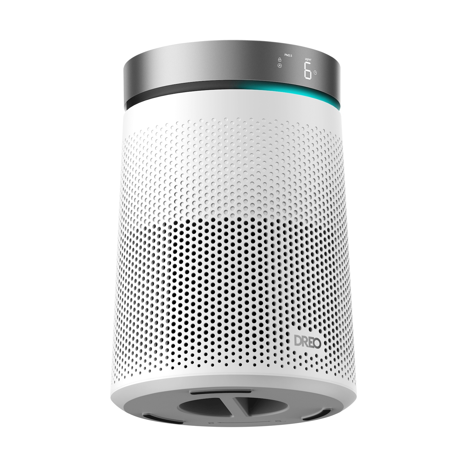 Un purificatore d'aria bianco con coperchio argentato e display digitale.