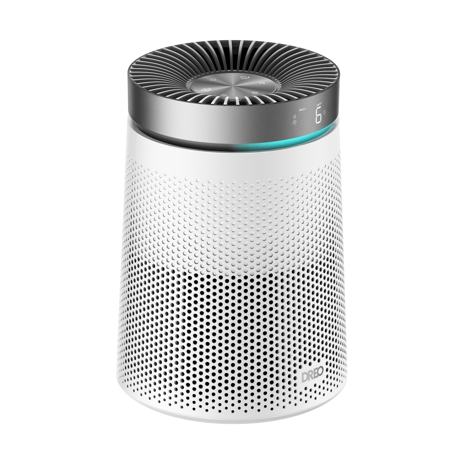 Un purificatore d'aria bianco con parte superiore argentata e fessure di ventilazione.