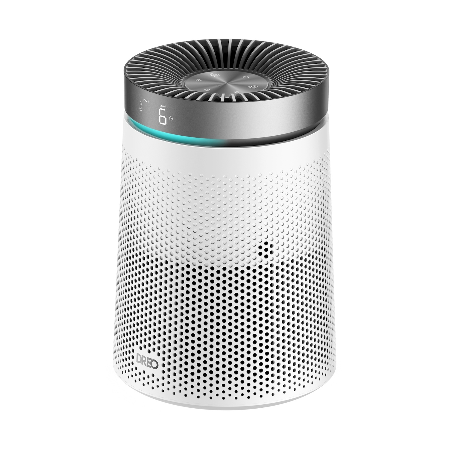 Un purificatore d'aria bianco con coperchio argentato e luci blu.