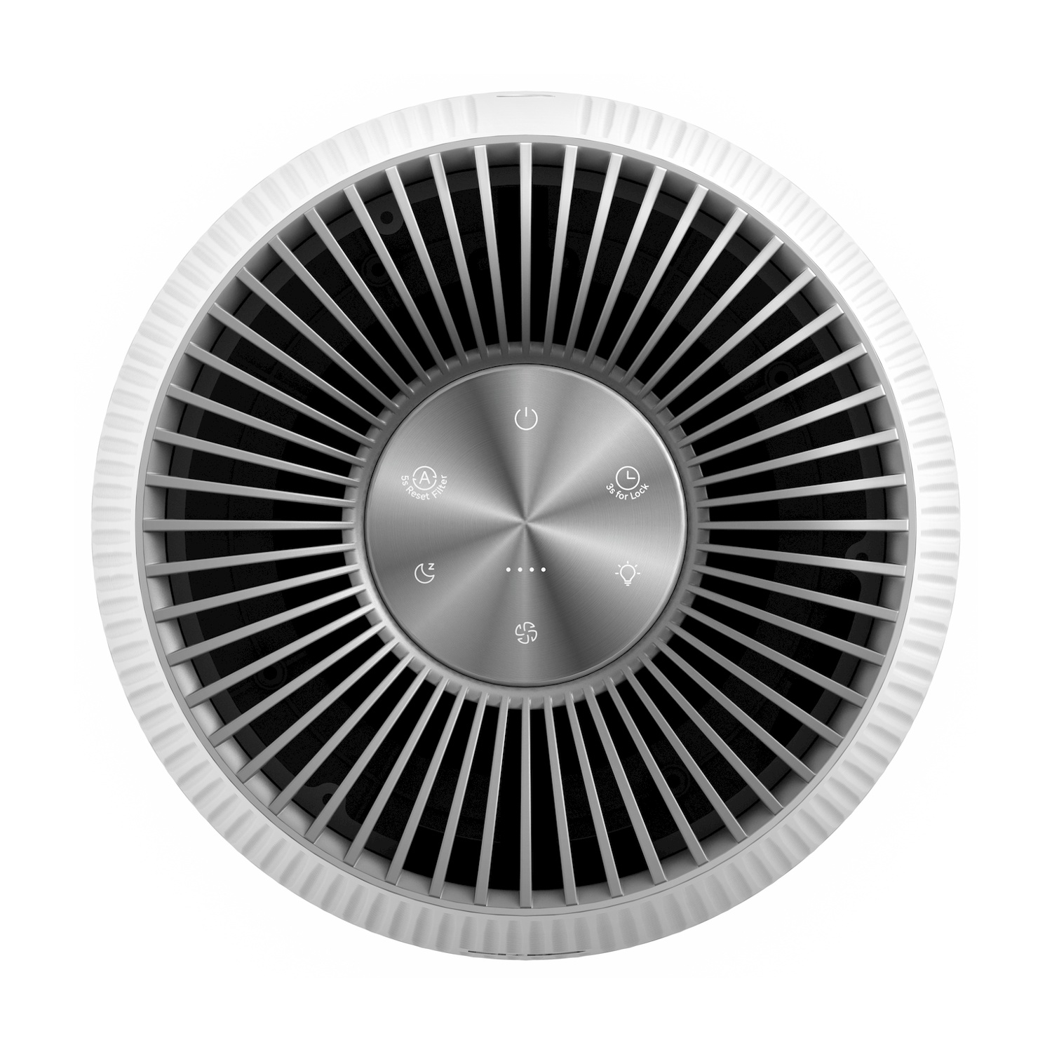 Purificatore d'aria bianco con griglia metallica e pannello touch.
