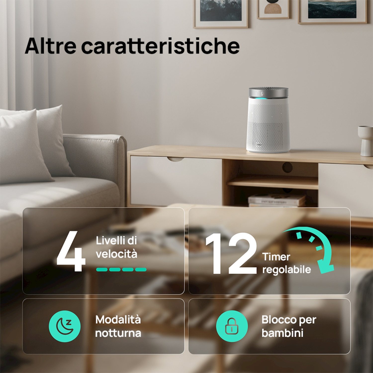 Purificatore aria 4 velocità, modalità notturna, timer 12h, blocco bambini.