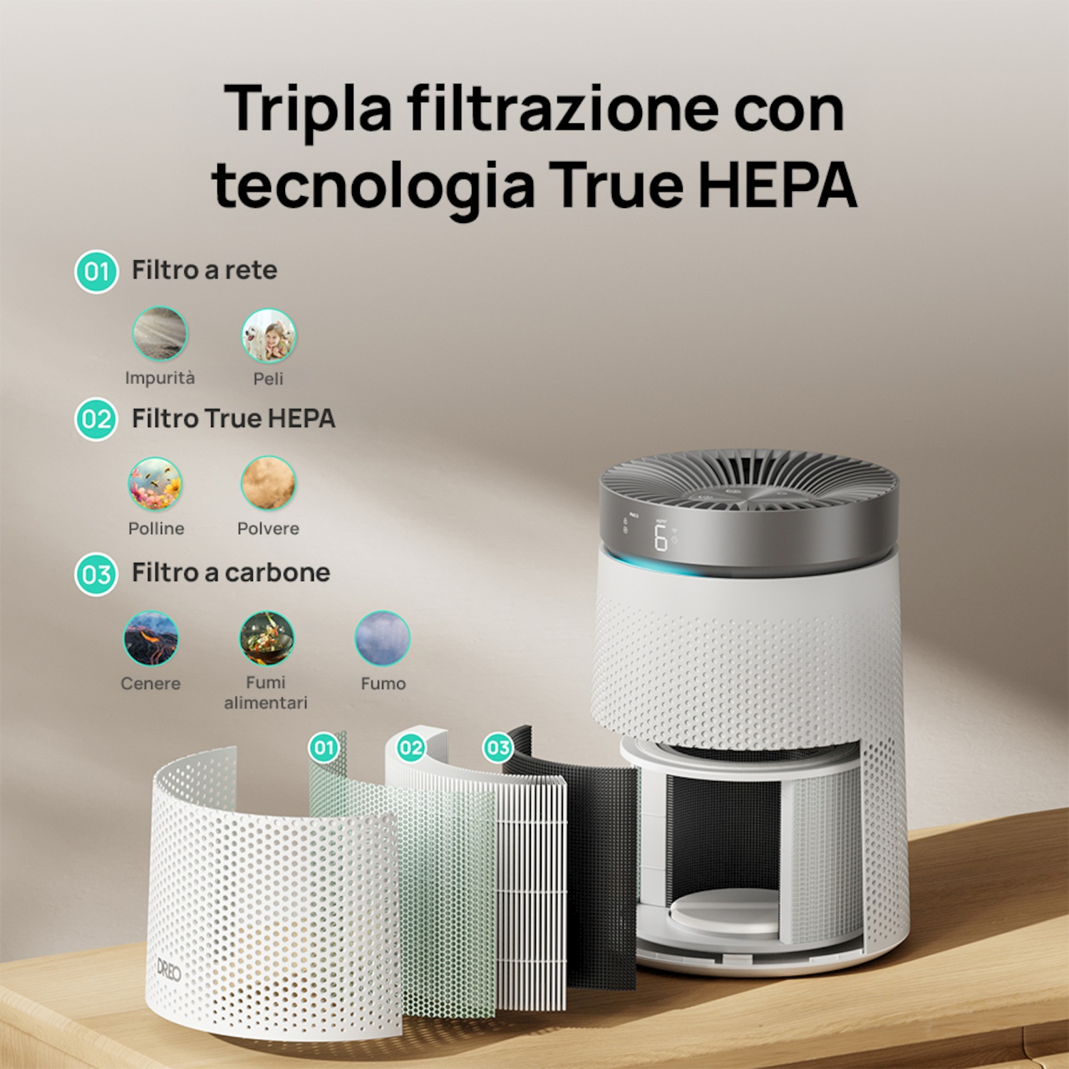 Purificatore d'aria con 3 stadi di filtrazione: rete, HEPA, carbone.