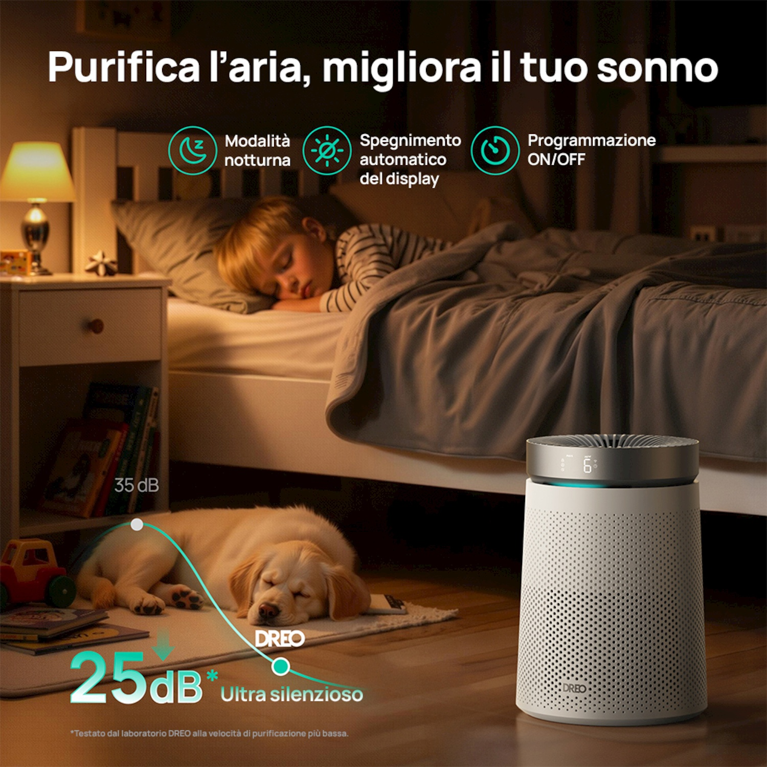 Un bambino e un cane dormono vicino a un purificatore d'aria.