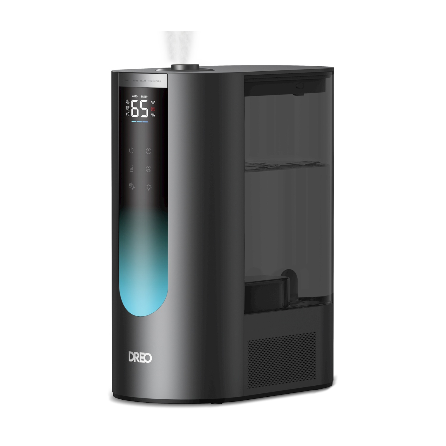 Un umidificatore smart DREO nero con display digitale che mostra il 65% di umidità.
