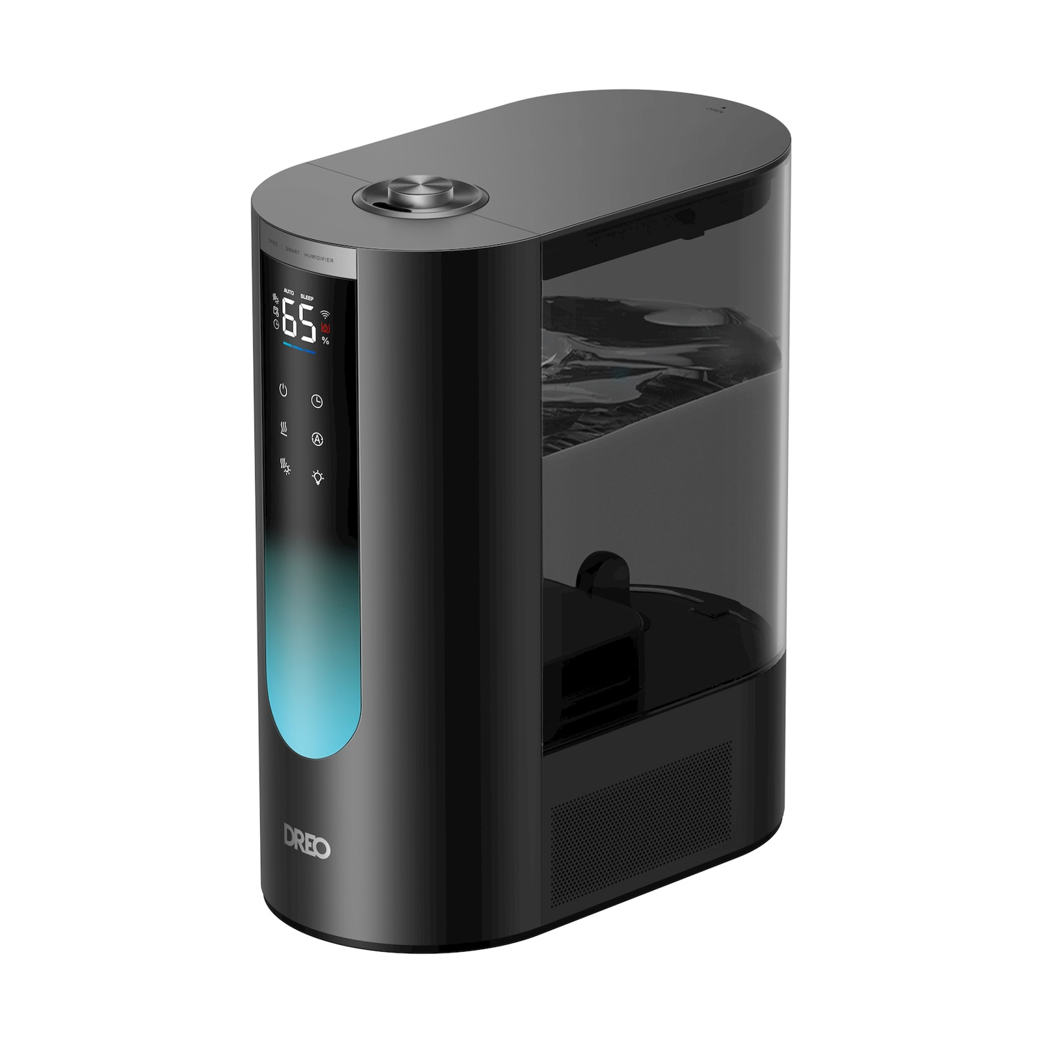 Un umidificatore nero con display digitale e luce blu.