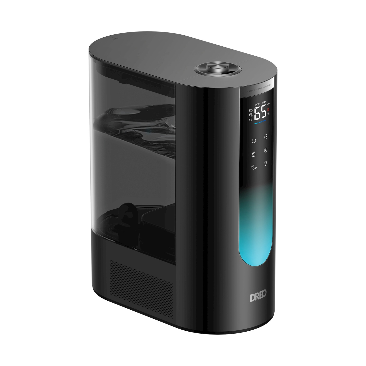 Un umidificatore nero con serbatoio trasparente e display digitale.